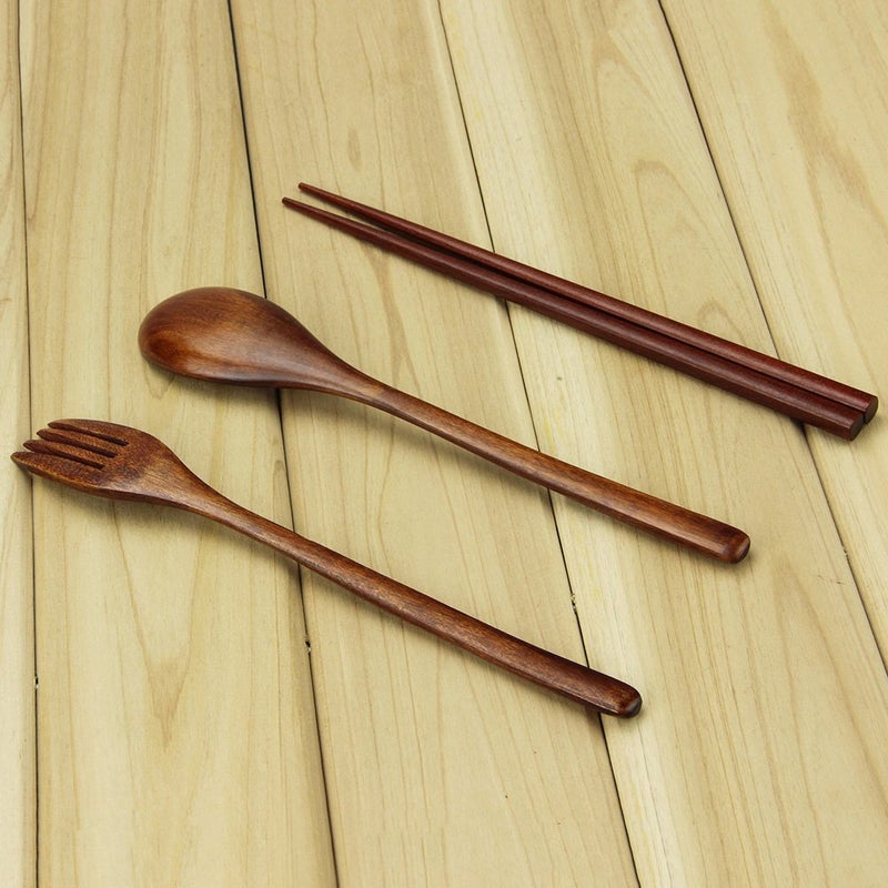 AOOSY Wooden Spoon and Fork Set, AOOSY 3 Pcs Nanmu Wood Fork Spoon Chopsticks Camping Travel Flatware Set Tableware with Bag, Brown Color - Image 2